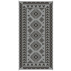 Reversible Outdoor Rug, Waterproof Plastic Straw With Carry Bag, 9 X 18, Black & Gray Rhombus Patchwork