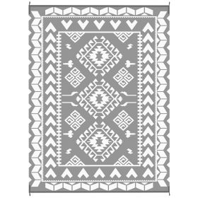 Reversible Outdoor Rug, Waterproof Plastic Straw With Carry Bag, 9 X 12, Gray & White Rhombus Patchwork