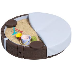 47 Round Kids Sandbox With Cover, 3 Seats, Waterproof Bottom Liner, For Backyard, Lawn, Garden, Beach, Patio, Brown