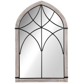 HOMCOM Farmhouse Arch Window Wall Mirror 36.5 x 23.5 Inch Rustic Wood Grain for Living Room Bedroom