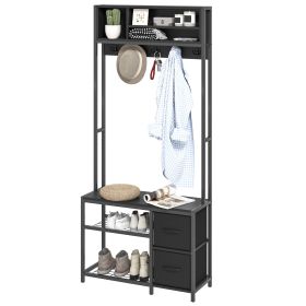 HOMCOM Hall Tree with Bench and Shoe Storage, 5-in-1 Entryway Bench with Coat Rack, 3 Storage Shelves, 2 Fabric Drawers, Black