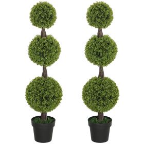 Set Of 2 Artificial Ball Boxwood Topiary Trees, Fake Plants In Pots For Indoor Outdoor Living Room, Green