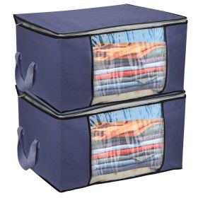 2Pcs Clothes Storage Bag 90L Large Capacity Foldable Closet Organizer w/ Thick Fabric Clear Window Dual-Zipper for Clothes Comforters Blankets Bedding (Option: NavyBlue)