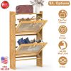 2-Tier Shoe Cabinet with 2 Flip Drawers Slim Bamboo Shoe Rack Freestanding Narrow Shoe Organizer with 44lbs Max Load for Entryway Hallway