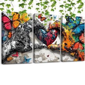 Framed 3pcs Graffiti Holding Hands Love Heart Canvas Wall Art Fashion Love Poster Painting Prints For Home Dining Room Living Room Wall Decor Artwork- (Option: 12X8inch)