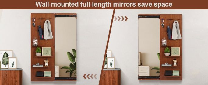 Wall Mounted Full Length Mirror, Full Body Mirror with Shelf, Full Body Mirror with Hook Wall Mounted Mirror with Multifunctional Design Panel (Color: as Pic)