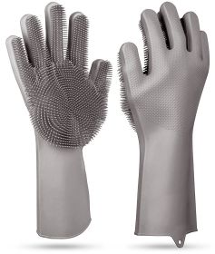 1 Pair Magic Silicone Brush Dishwashing Gloves Cleaning Sponge Pet Scrubber Heat Resistant Wash Gloves (Option: Grey)